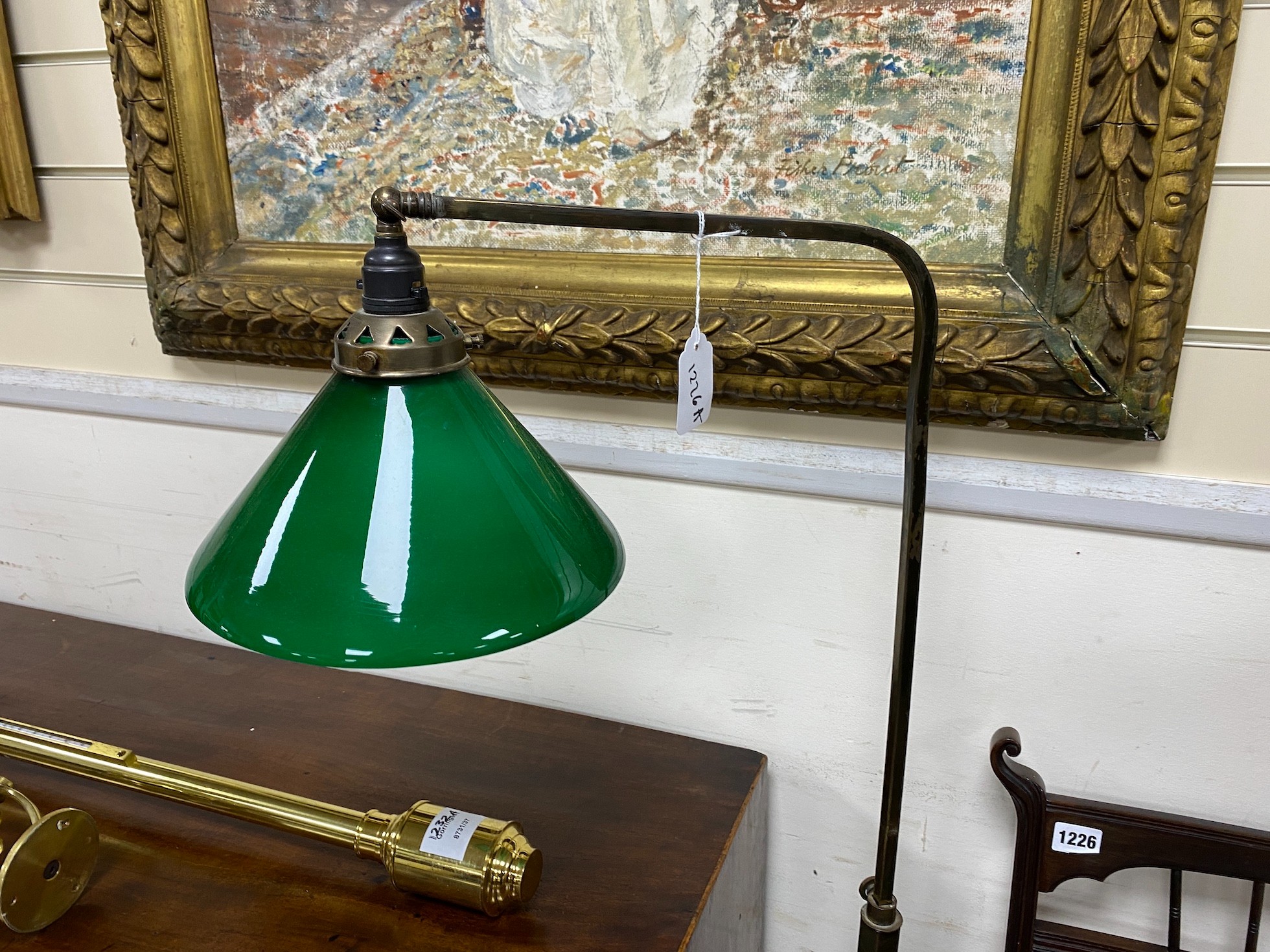 An Edwardian style lacquered brass telescopic lamp standard with green glass shade